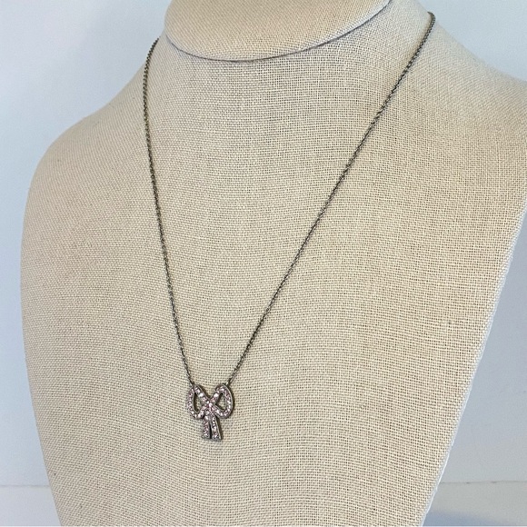 Coach Pink Bow Necklace Swarovski Crystal Silver Tone 16" Adjustable Signed - Picture 4 of 9